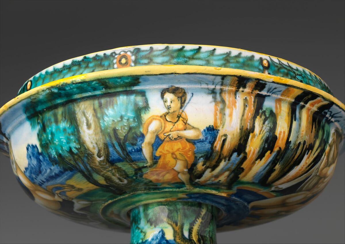 Bowl from a birth set with birth scene and Diana and Actaeon, Perhaps the "Milan Marsyas" Painter, Maiolica (tin-glazed earthenware), Italian, Urbino