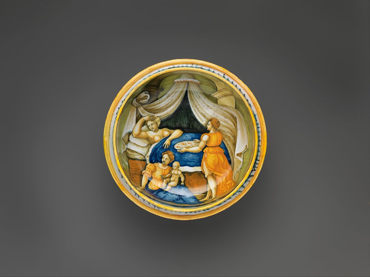 Bowl from a birth set with birth scene and Diana and Actaeon, Perhaps the "Milan Marsyas" Painter, Maiolica (tin-glazed earthenware), Italian, Urbino