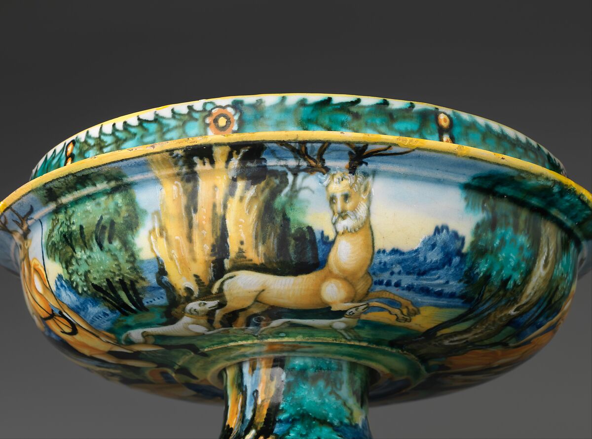 Bowl from a birth set with birth scene and Diana and Actaeon, Perhaps the "Milan Marsyas" Painter, Maiolica (tin-glazed earthenware), Italian, Urbino