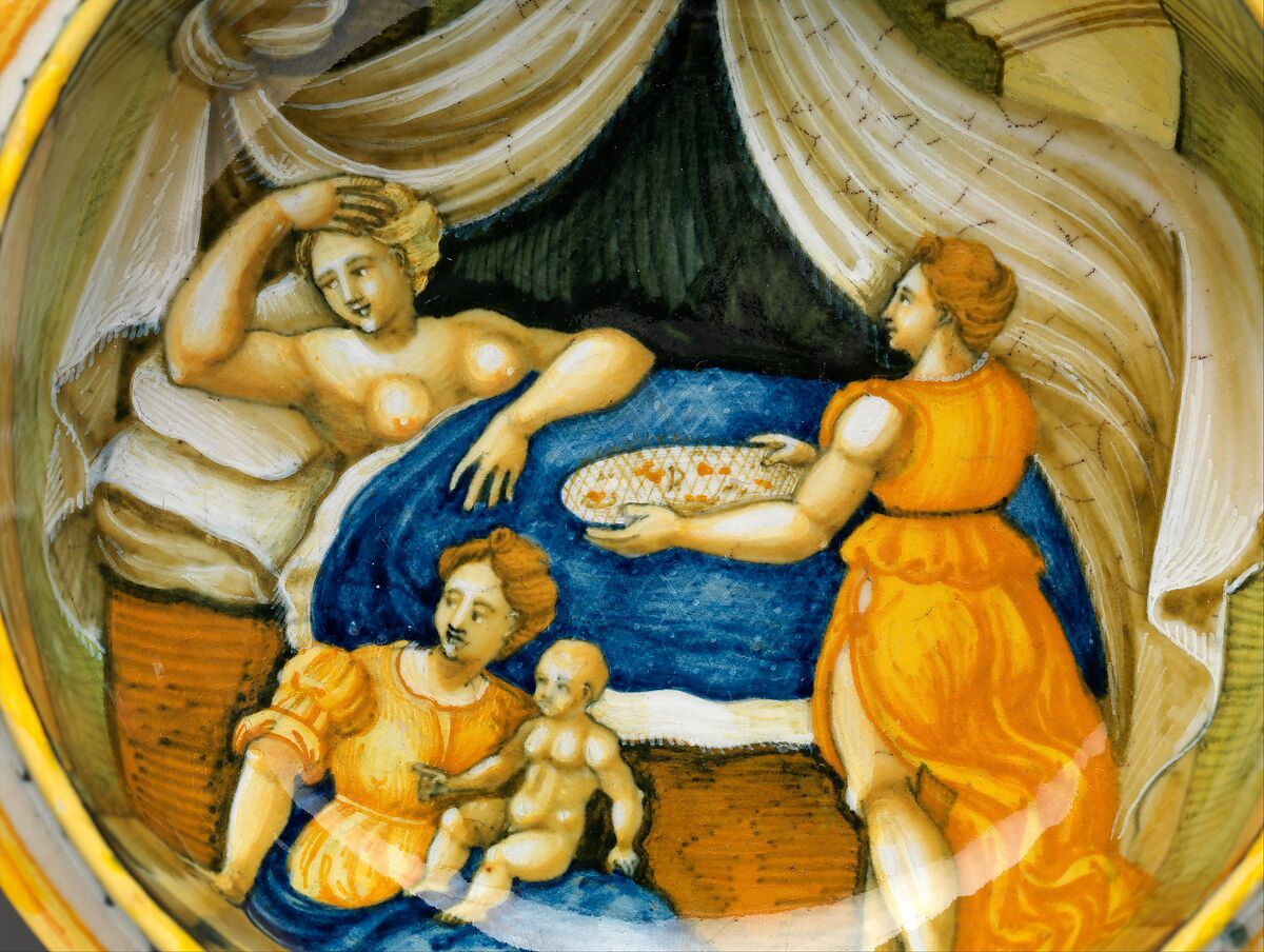 Bowl from a birth set with birth scene and Diana and Actaeon, Perhaps the "Milan Marsyas" Painter, Maiolica (tin-glazed earthenware), Italian, Urbino