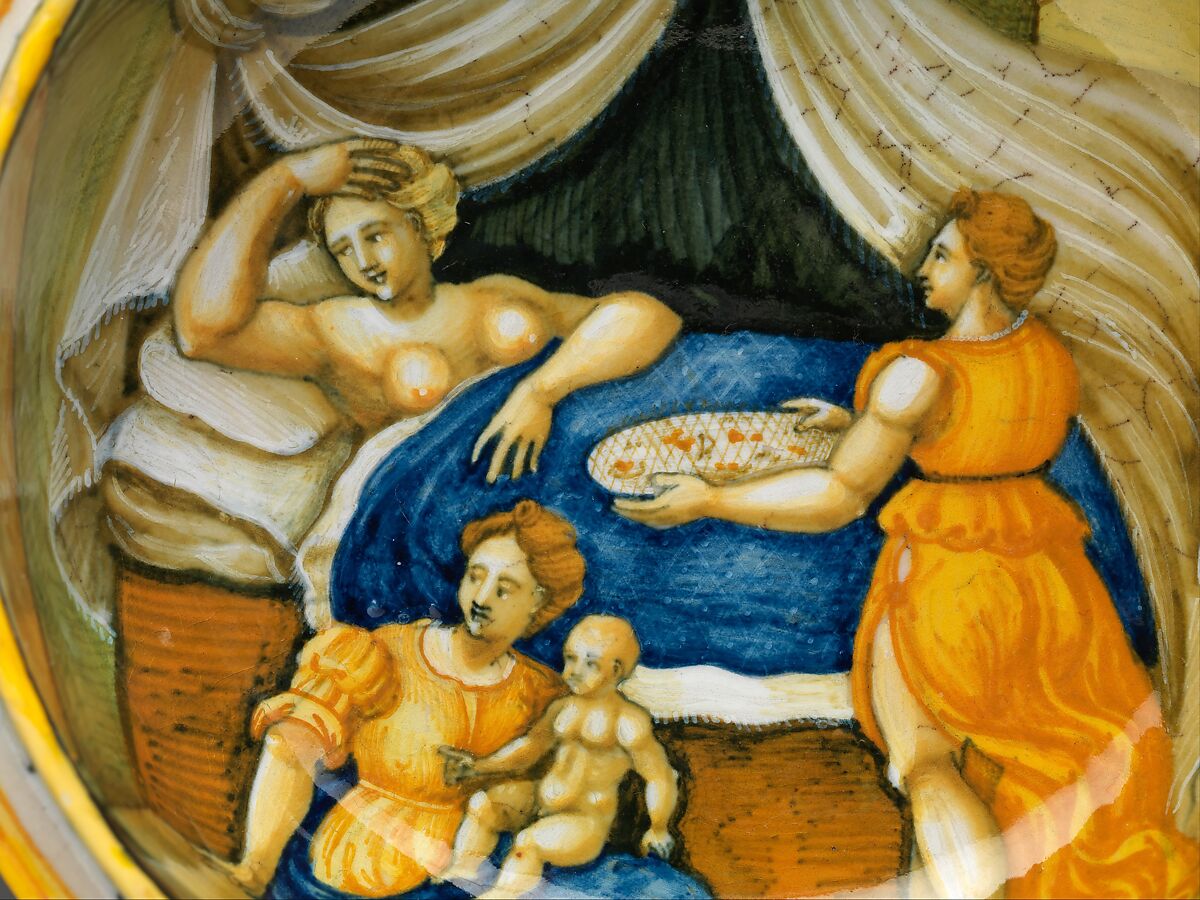 Bowl from a birth set with birth scene and Diana and Actaeon, Perhaps the "Milan Marsyas" Painter, Maiolica (tin-glazed earthenware), Italian, Urbino