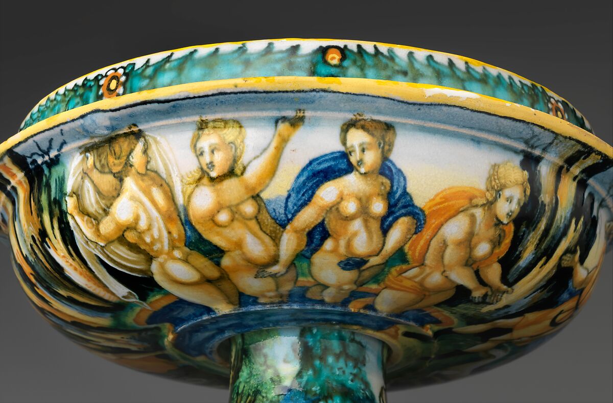 Bowl from a birth set with birth scene and Diana and Actaeon, Perhaps the "Milan Marsyas" Painter, Maiolica (tin-glazed earthenware), Italian, Urbino