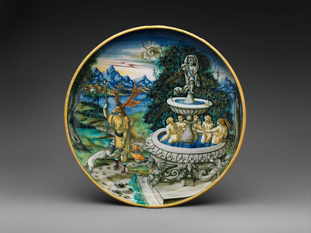 Footed dish with Diana and Actaeon, Artist sometimes signing FR, perhaps Fra Xanto Avelli da Rovigo (ca. 1486–1582), Maiolica (tin-glazed earthenware), Italian, probably Urbino 