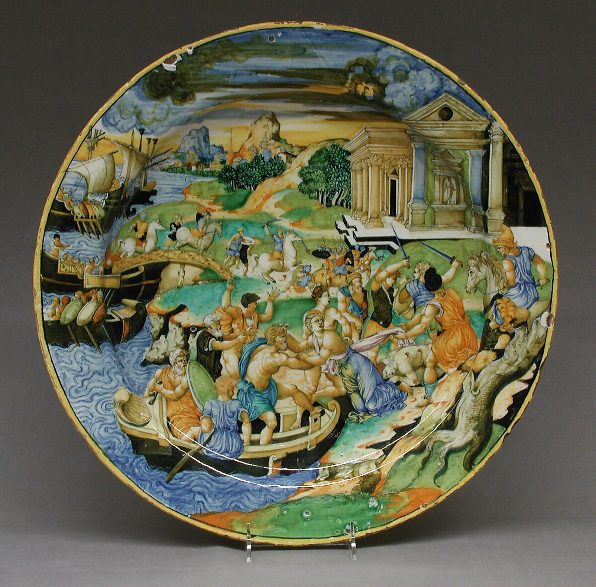 Dish, Painted in the manner of Fra Xanto Avelli da Rovigo (ca. 1486–1582), Maiolica (tin-glazed earthenware), Italian, Urbino 