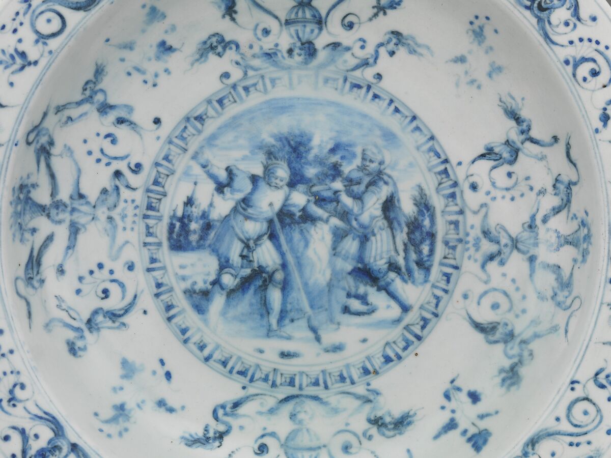 Dish depicting The Death of Saul, Medici Porcelain Manufactory (Italian, Florence, ca. 1575–ca. 1587), Soft-paste porcelain decorated in underglaze blue, Italian, Florence