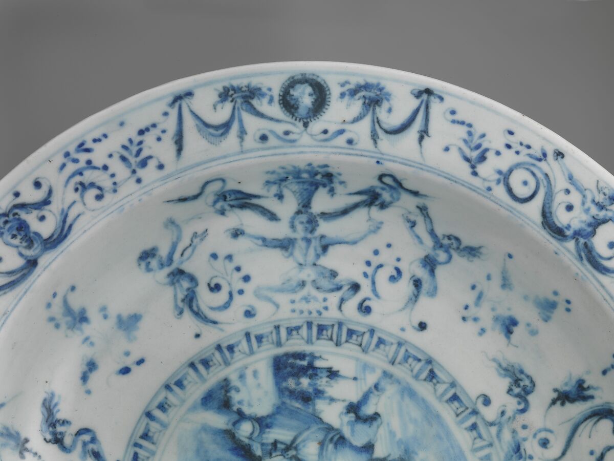 Dish depicting The Death of Saul, Medici Porcelain Manufactory (Italian, Florence, ca. 1575–ca. 1587), Soft-paste porcelain decorated in underglaze blue, Italian, Florence