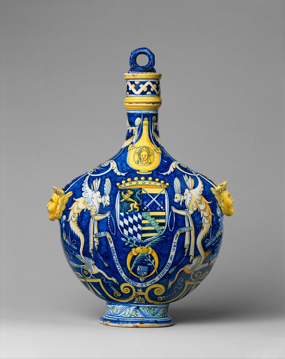 Pilgrim bottle with screw top, Workshop of Antoine Syjalon (French, 1524–1590), Tin-glazed earthenware, French, Nîmes 