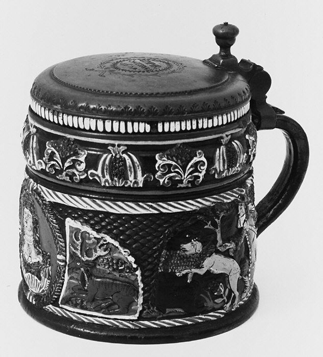 Hunting tankard, George Schöps, Salt-glazed stoneware; pewter, German, Annaberg 