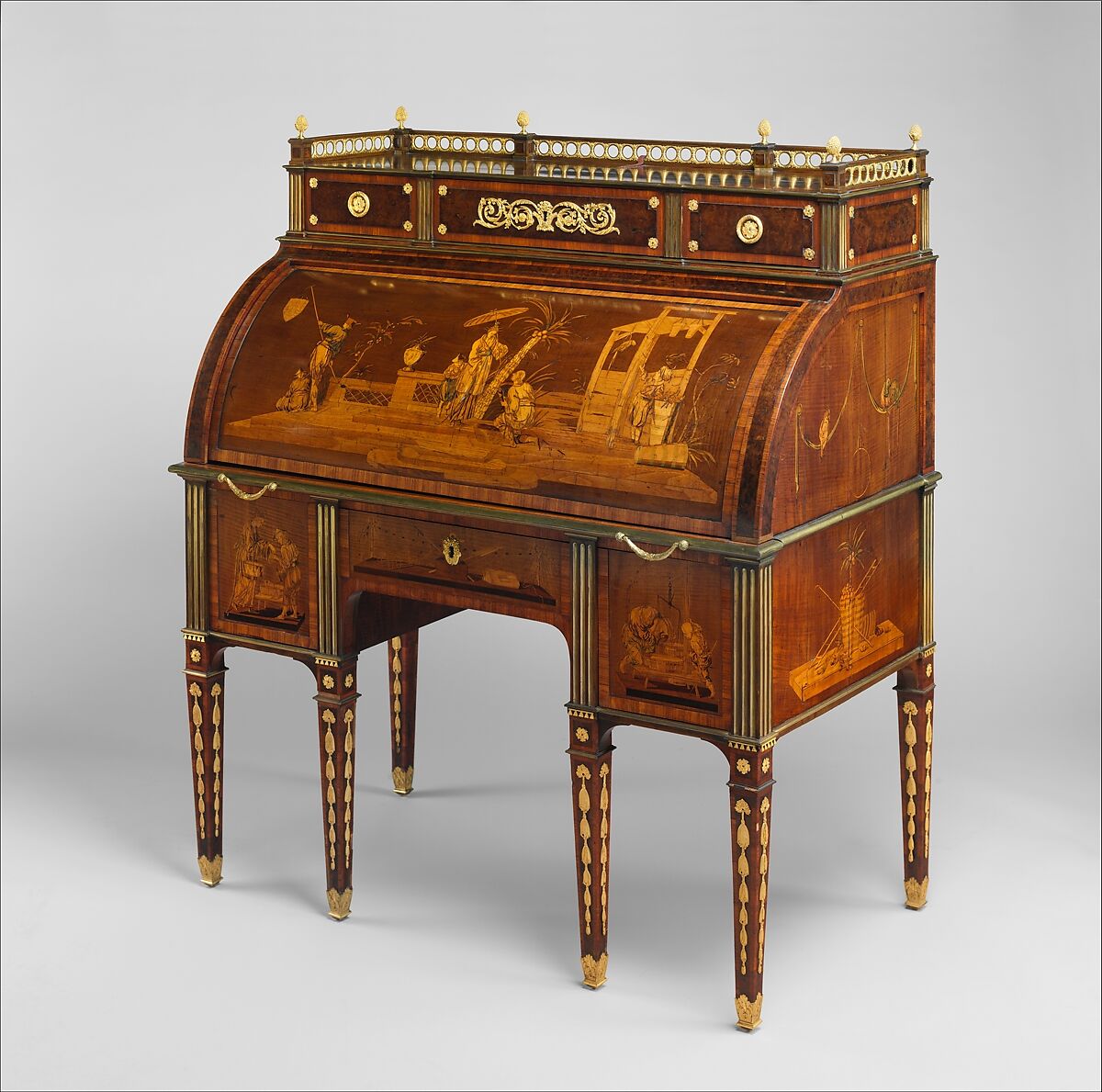 Rolltop desk, David Roentgen (German, Herrnhaag 1743–1807 Wiesbaden, master 1780), Oak, cherry, pine, mahogany, veneered with maple, burl woods, holly, hornbeam (all partially stained), tulipwood, mahogany, and other woods; mother-of-pearl; partially gilded and tooled leather; gilt bronze, iron, steel, brass, partially gold-lacquered brass, German, Neuwied am Rhein 