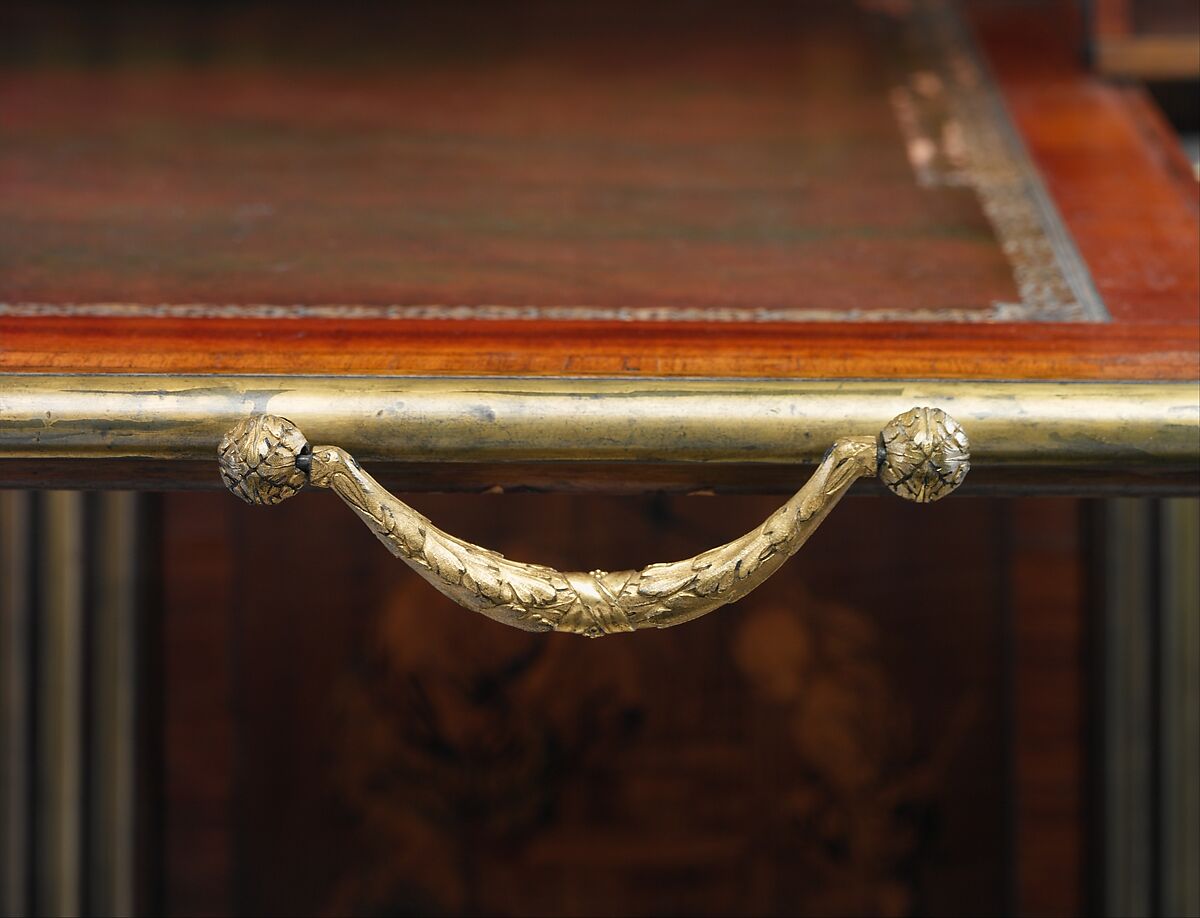 Rolltop desk, David Roentgen (German, Herrnhaag 1743–1807 Wiesbaden, master 1780), Oak, cherry, pine, mahogany, veneered with maple, burl woods, holly, hornbeam (all partially stained), tulipwood, mahogany, and other woods; mother-of-pearl; partially gilded and tooled leather; gilt bronze, iron, steel, brass, partially gold-lacquered brass, German, Neuwied am Rhein