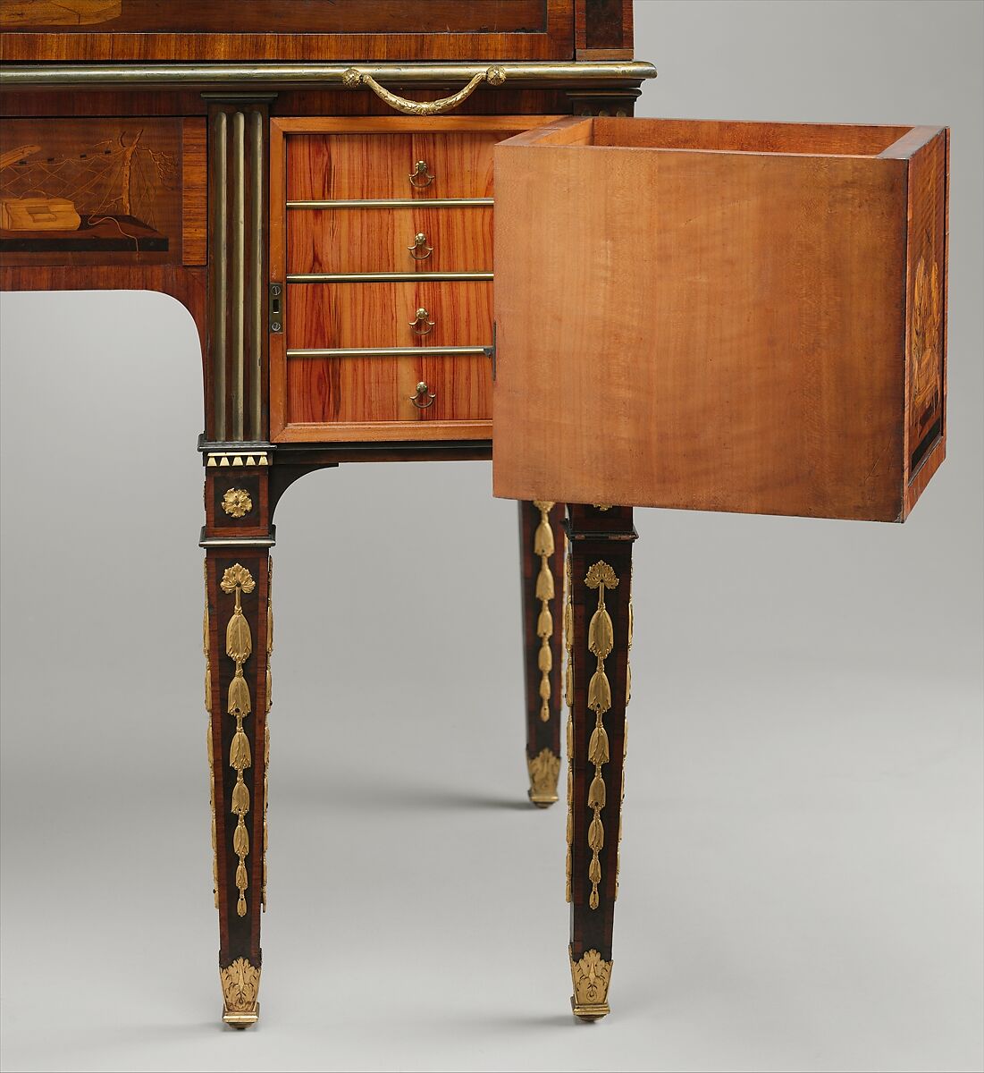 Rolltop desk, David Roentgen (German, Herrnhaag 1743–1807 Wiesbaden, master 1780), Oak, cherry, pine, mahogany, veneered with maple, burl woods, holly, hornbeam (all partially stained), tulipwood, mahogany, and other woods; mother-of-pearl; partially gilded and tooled leather; gilt bronze, iron, steel, brass, partially gold-lacquered brass, German, Neuwied am Rhein