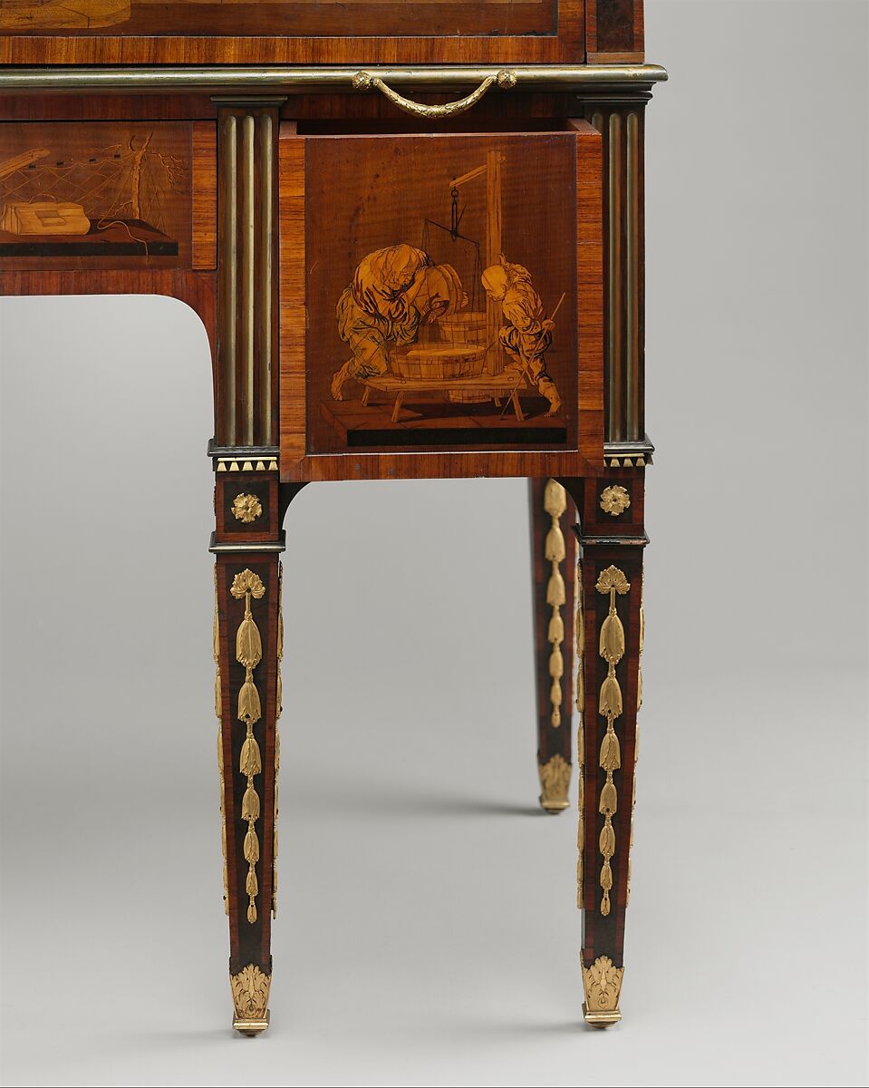 Rolltop desk, David Roentgen (German, Herrnhaag 1743–1807 Wiesbaden, master 1780), Oak, cherry, pine, mahogany, veneered with maple, burl woods, holly, hornbeam (all partially stained), tulipwood, mahogany, and other woods; mother-of-pearl; partially gilded and tooled leather; gilt bronze, iron, steel, brass, partially gold-lacquered brass, German, Neuwied am Rhein