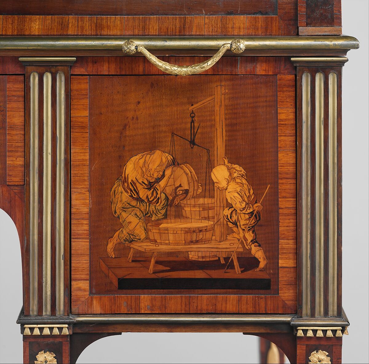 Rolltop desk, David Roentgen (German, Herrnhaag 1743–1807 Wiesbaden, master 1780), Oak, cherry, pine, mahogany, veneered with maple, burl woods, holly, hornbeam (all partially stained), tulipwood, mahogany, and other woods; mother-of-pearl; partially gilded and tooled leather; gilt bronze, iron, steel, brass, partially gold-lacquered brass, German, Neuwied am Rhein