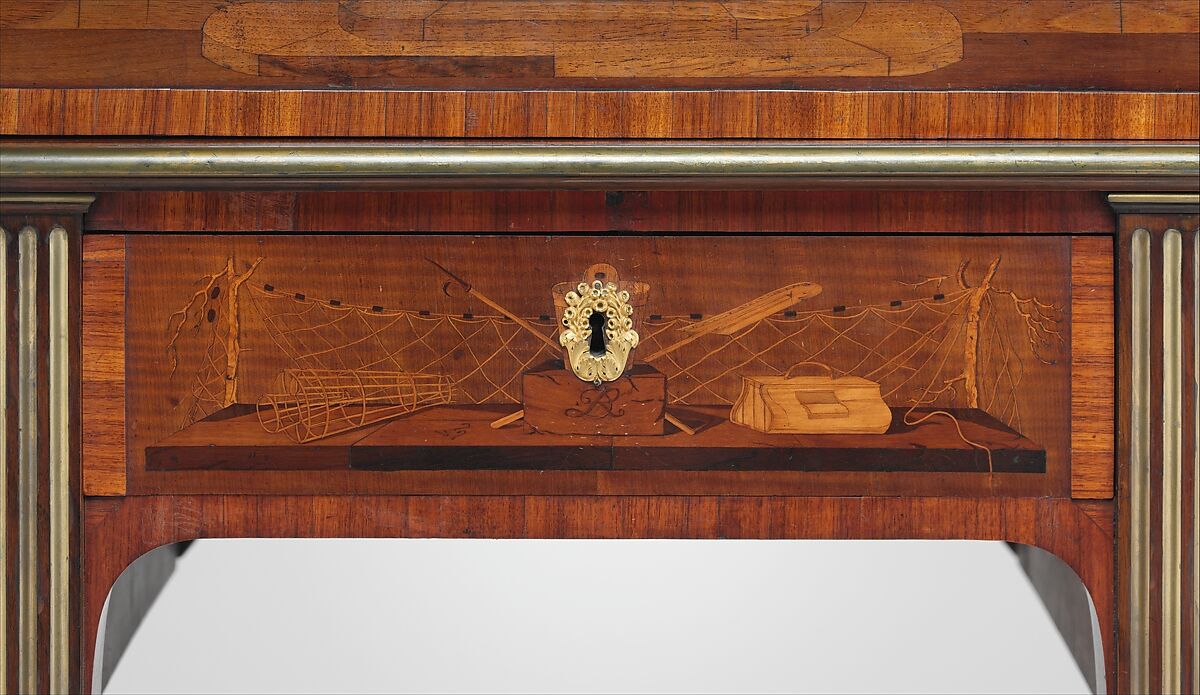 Rolltop desk, David Roentgen (German, Herrnhaag 1743–1807 Wiesbaden, master 1780), Oak, cherry, pine, mahogany, veneered with maple, burl woods, holly, hornbeam (all partially stained), tulipwood, mahogany, and other woods; mother-of-pearl; partially gilded and tooled leather; gilt bronze, iron, steel, brass, partially gold-lacquered brass, German, Neuwied am Rhein