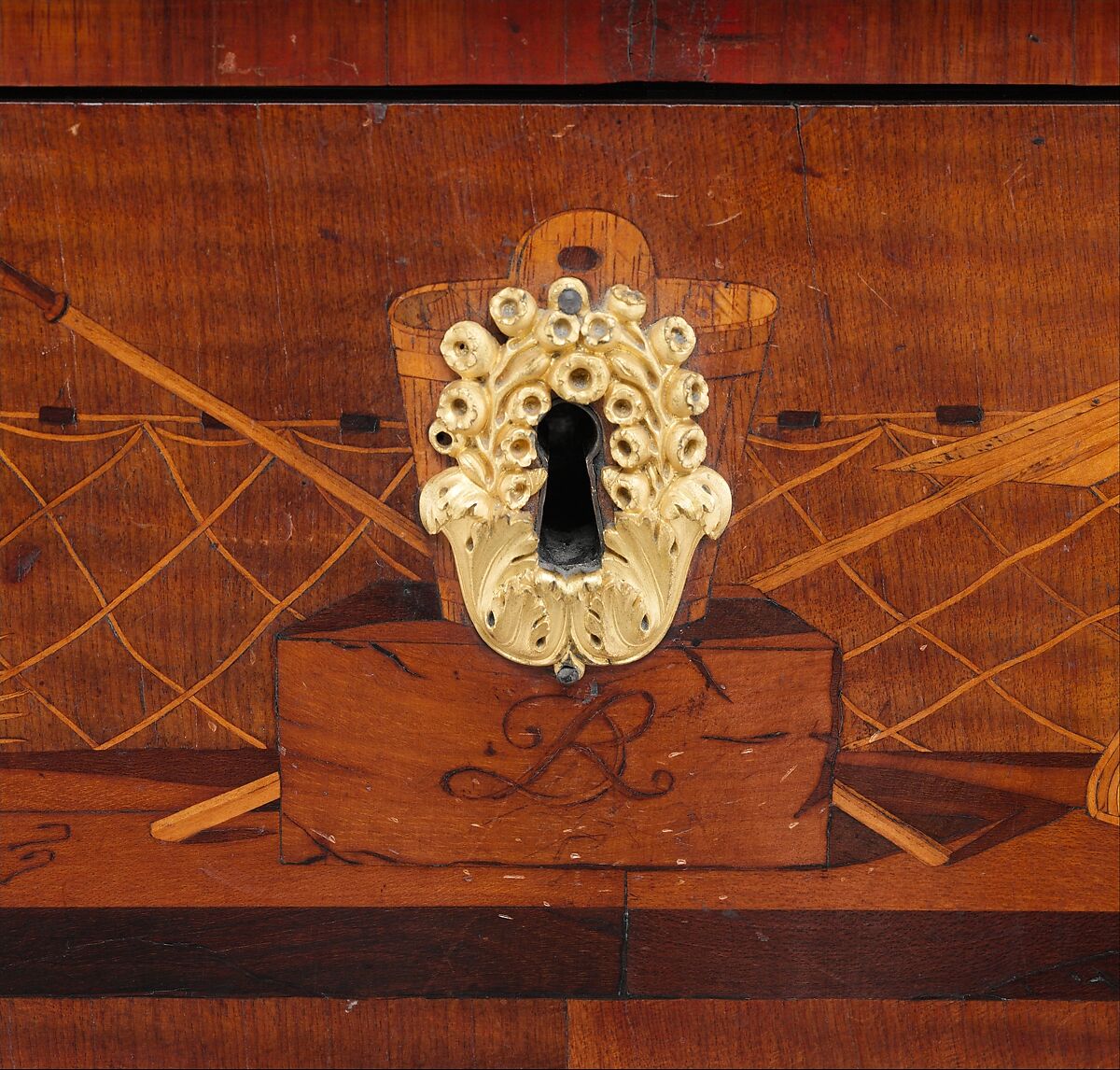 Rolltop desk, David Roentgen (German, Herrnhaag 1743–1807 Wiesbaden, master 1780), Oak, cherry, pine, mahogany, veneered with maple, burl woods, holly, hornbeam (all partially stained), tulipwood, mahogany, and other woods; mother-of-pearl; partially gilded and tooled leather; gilt bronze, iron, steel, brass, partially gold-lacquered brass, German, Neuwied am Rhein