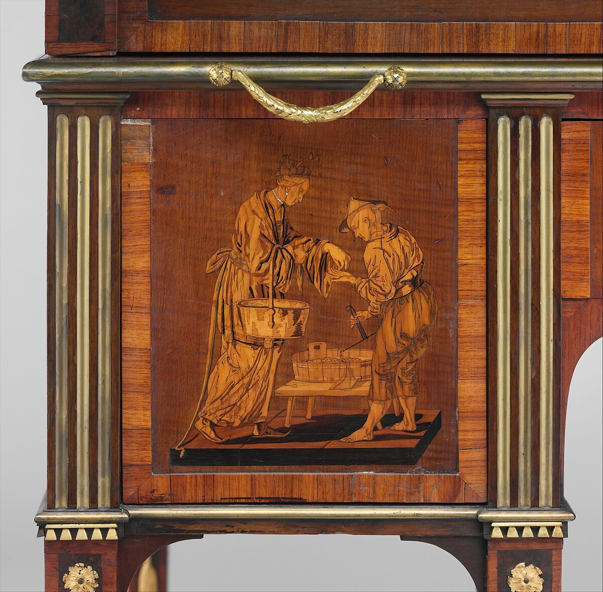 Rolltop desk, David Roentgen (German, Herrnhaag 1743–1807 Wiesbaden, master 1780), Oak, cherry, pine, mahogany, veneered with maple, burl woods, holly, hornbeam (all partially stained), tulipwood, mahogany, and other woods; mother-of-pearl; partially gilded and tooled leather; gilt bronze, iron, steel, brass, partially gold-lacquered brass, German, Neuwied am Rhein
