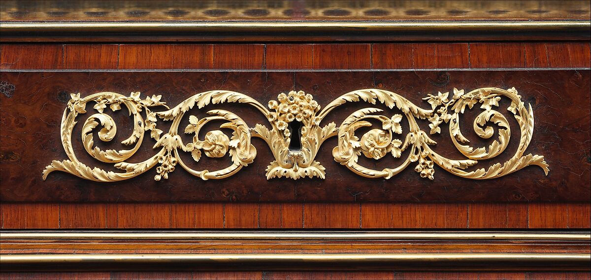 Rolltop desk, David Roentgen (German, Herrnhaag 1743–1807 Wiesbaden, master 1780), Oak, cherry, pine, mahogany, veneered with maple, burl woods, holly, hornbeam (all partially stained), tulipwood, mahogany, and other woods; mother-of-pearl; partially gilded and tooled leather; gilt bronze, iron, steel, brass, partially gold-lacquered brass, German, Neuwied am Rhein