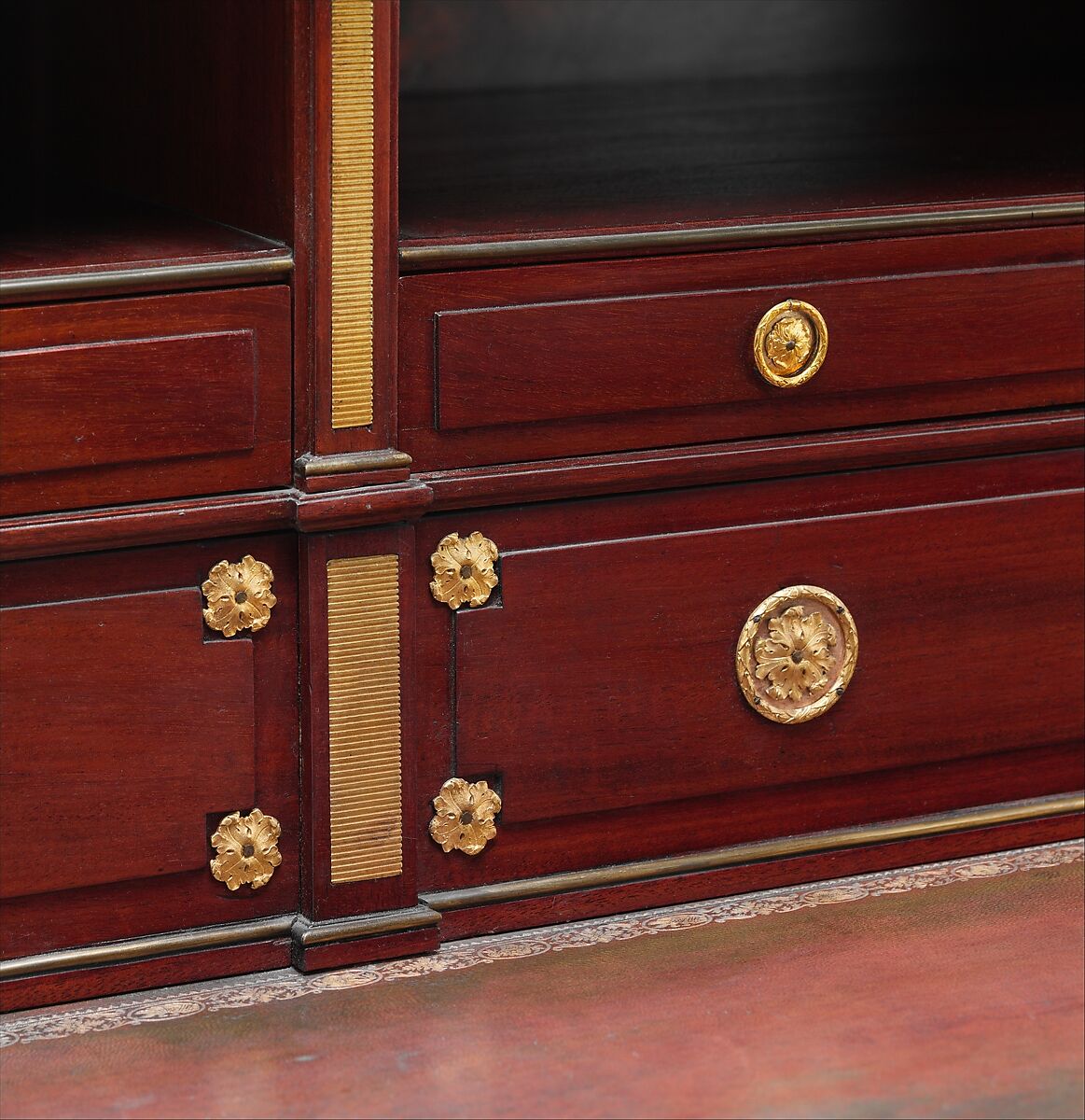 Rolltop desk, David Roentgen (German, Herrnhaag 1743–1807 Wiesbaden, master 1780), Oak, cherry, pine, mahogany, veneered with maple, burl woods, holly, hornbeam (all partially stained), tulipwood, mahogany, and other woods; mother-of-pearl; partially gilded and tooled leather; gilt bronze, iron, steel, brass, partially gold-lacquered brass, German, Neuwied am Rhein