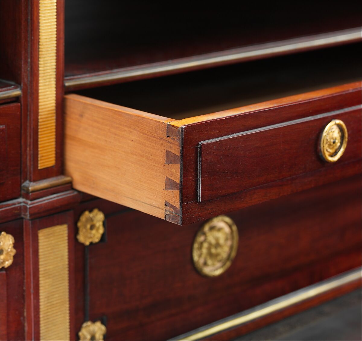 Rolltop desk, David Roentgen (German, Herrnhaag 1743–1807 Wiesbaden, master 1780), Oak, cherry, pine, mahogany, veneered with maple, burl woods, holly, hornbeam (all partially stained), tulipwood, mahogany, and other woods; mother-of-pearl; partially gilded and tooled leather; gilt bronze, iron, steel, brass, partially gold-lacquered brass, German, Neuwied am Rhein