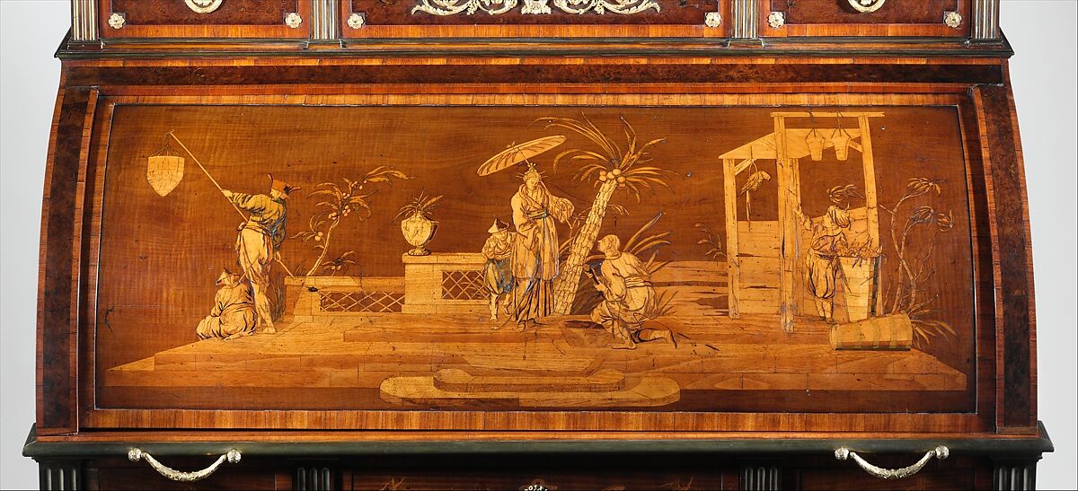 Rolltop desk, David Roentgen (German, Herrnhaag 1743–1807 Wiesbaden, master 1780), Oak, cherry, pine, mahogany, veneered with maple, burl woods, holly, hornbeam (all partially stained), tulipwood, mahogany, and other woods; mother-of-pearl; partially gilded and tooled leather; gilt bronze, iron, steel, brass, partially gold-lacquered brass, German, Neuwied am Rhein