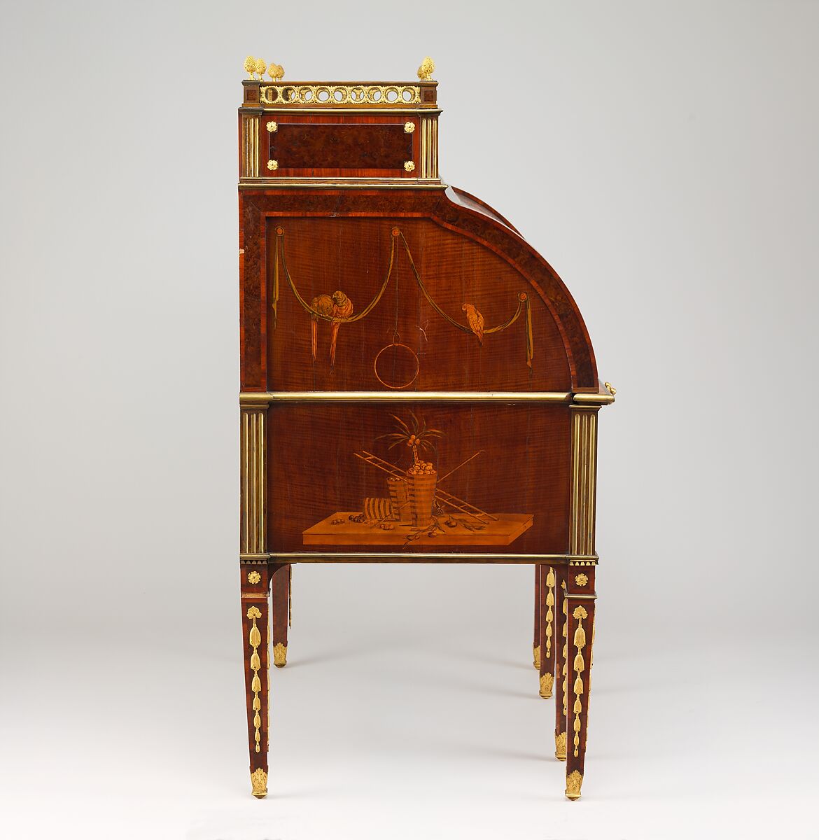 Rolltop desk, David Roentgen (German, Herrnhaag 1743–1807 Wiesbaden, master 1780), Oak, cherry, pine, mahogany, veneered with maple, burl woods, holly, hornbeam (all partially stained), tulipwood, mahogany, and other woods; mother-of-pearl; partially gilded and tooled leather; gilt bronze, iron, steel, brass, partially gold-lacquered brass, German, Neuwied am Rhein
