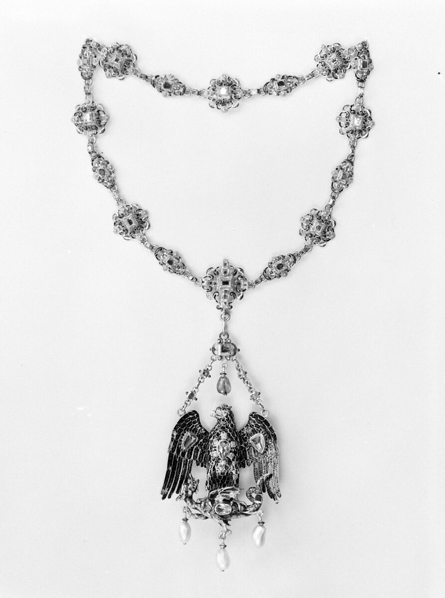 Pendant and necklace, Gold, enamel, rubies, diamonds, emerald, Austrian 