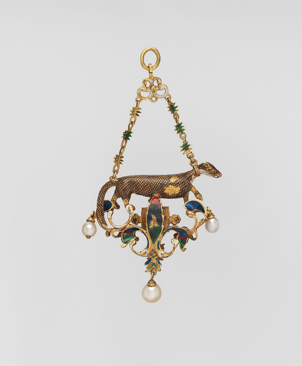 Pendant in the form of a ferret, Gold, partly enameled, set with rubies and diamonds; pearls, Northern European