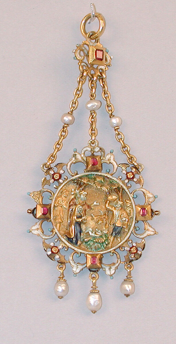 Pendant, Gold, enamel, rubies, pearls, probably German 