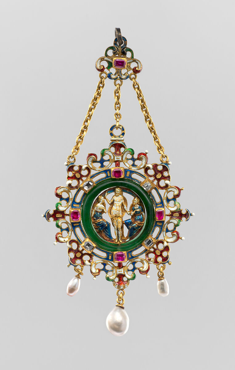 Pendant, Frame based on a design by Reinhold Vasters (German, Erkelenz 1827–1909 Aachen), Gold, enamel, green quartz, rubies, diamonds, pearls, German or French 