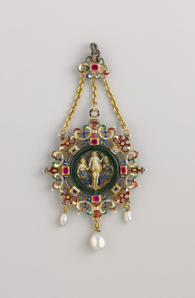 Pendant, Frame based on a design by Reinhold Vasters (German, Erkelenz 1827–1909 Aachen), Gold, enamel, green quartz, rubies, diamonds, pearls, German or French 