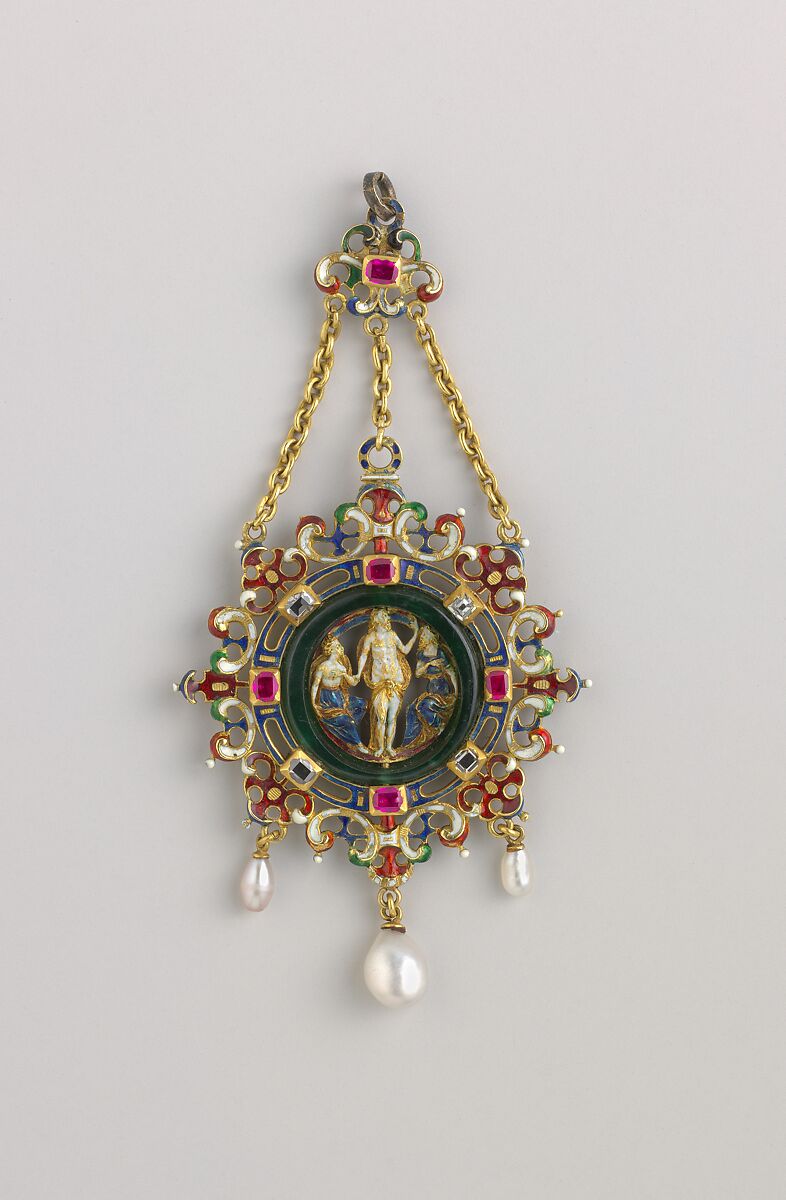 Pendant, Frame based on a design by Reinhold Vasters (German, Erkelenz 1827–1909 Aachen), Gold, enamel, green quartz, rubies, diamonds, pearls, German or French
