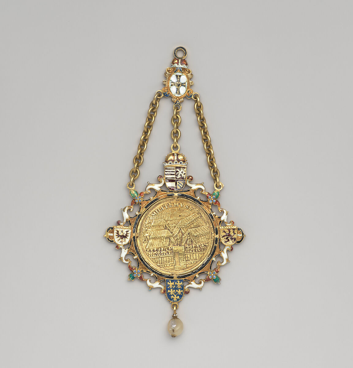 Presentation medal (Gnadenpfennig) of Maximilian, Archduke of Austria (1558–1620), Alessandro Abondio (Italian, ca. 1570–1648), Gold, partly enameled; pearl, Austrian, probably Vienna