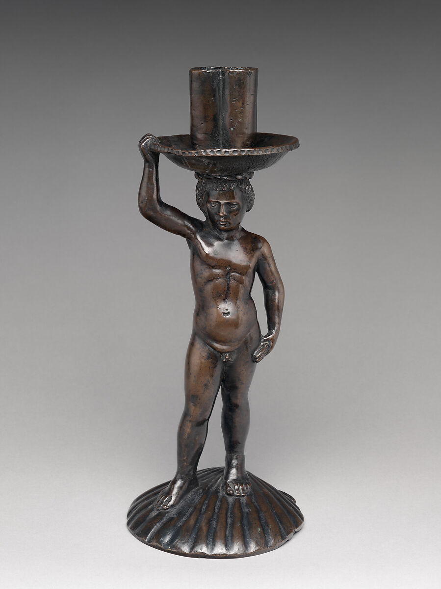 Boy on a shell, holding a candlestick, Bronze, partially oil-gilt, Italian, possibly Rome 