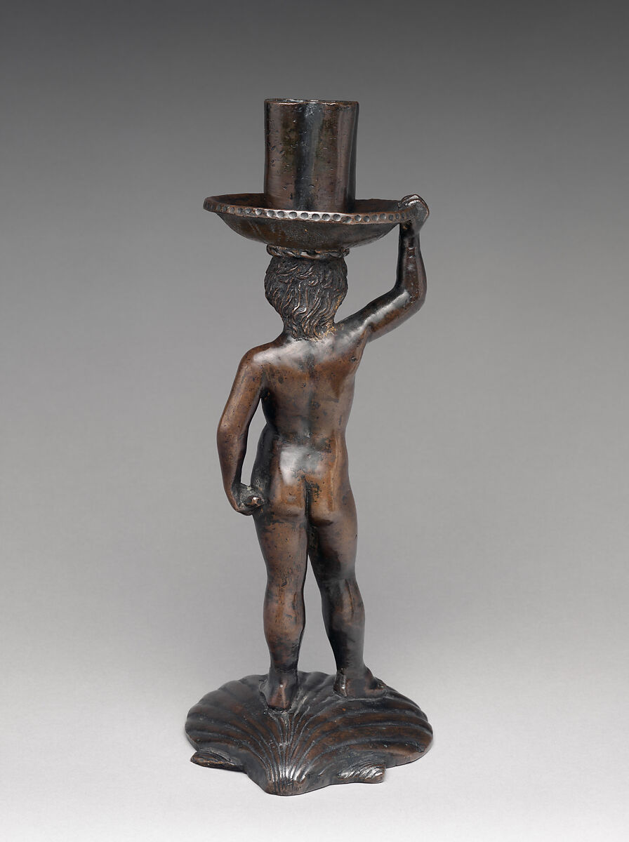 Boy on a shell, holding a candlestick, Bronze, partially oil-gilt, Italian, possibly Rome
