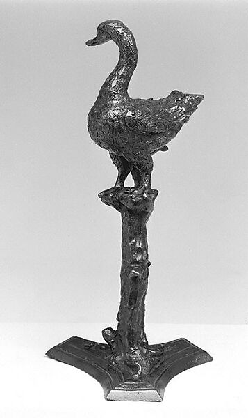 Renaissance-style inkwell wtih a swan standing on a tree stump, Bronze, dark brown patina, European 