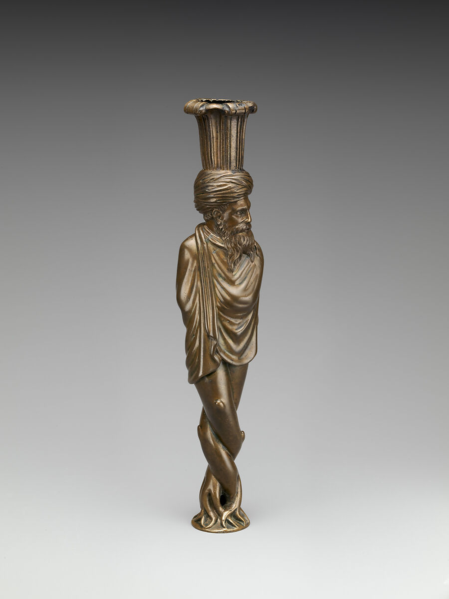 Candlestick, Inspired by engravings by Agostino Veneziano (Agostino dei Musi) (Italian, Venice ca. 1490–after 1536 Rome), Low zinc brass, German