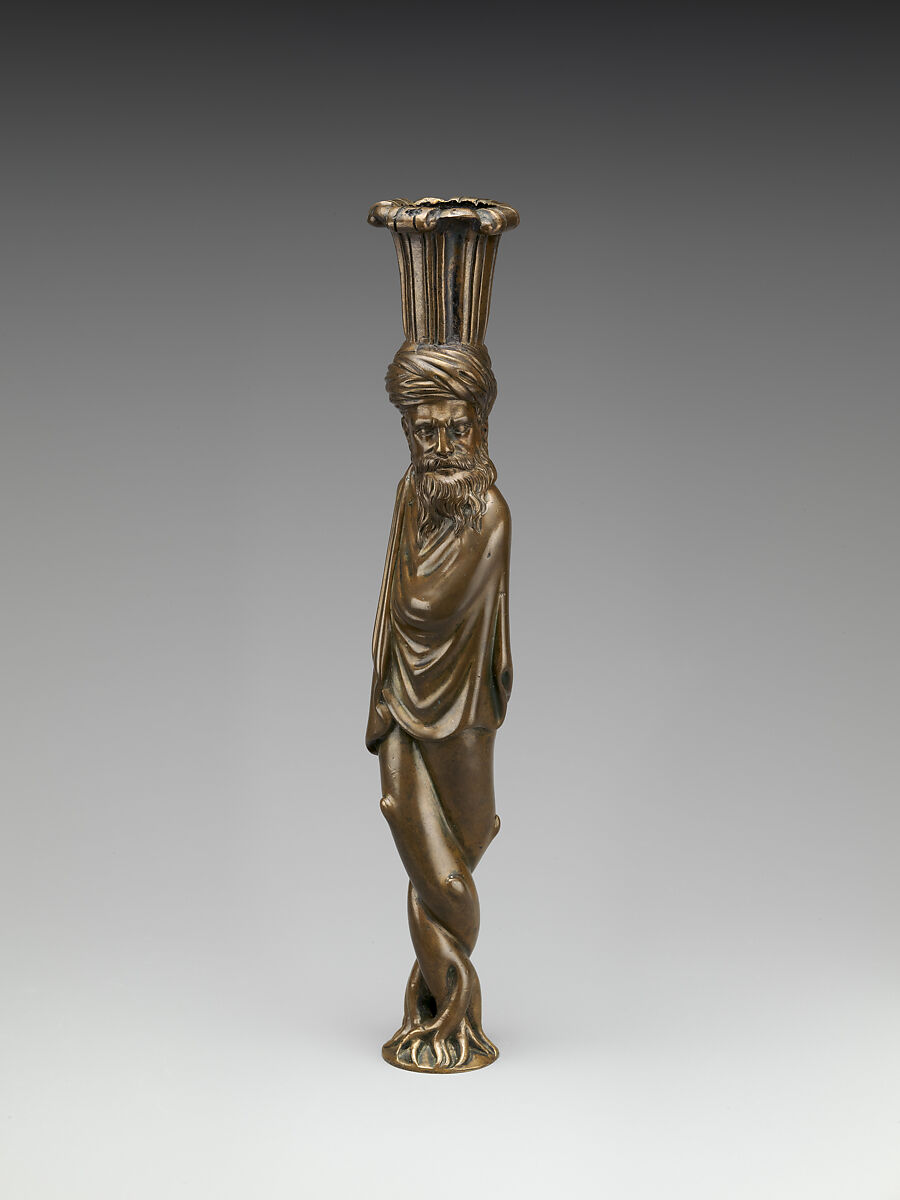 Candlestick, Inspired by engravings by Agostino Veneziano (Agostino dei Musi) (Italian, Venice ca. 1490–after 1536 Rome), Low zinc brass, German 
