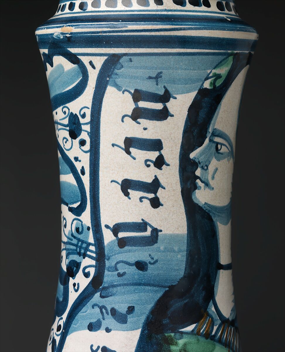 Pharmacy jar (albarello), Maiolica (tin-glazed earthenware), Italian, probably Naples district or Vietri sul Mare