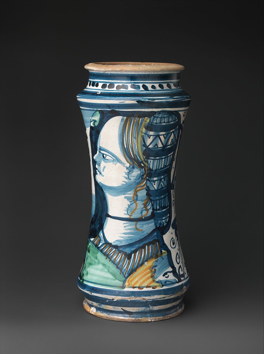 Pharmacy jar (albarello), Maiolica (tin-glazed earthenware), Italian, probably Naples district or Vietri sul Mare 