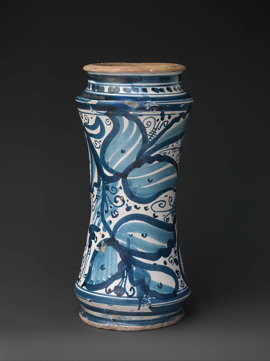 Pharmacy jar (albarello), Maiolica (tin-glazed earthenware), Italian, probably Naples district or Vietri sul Mare