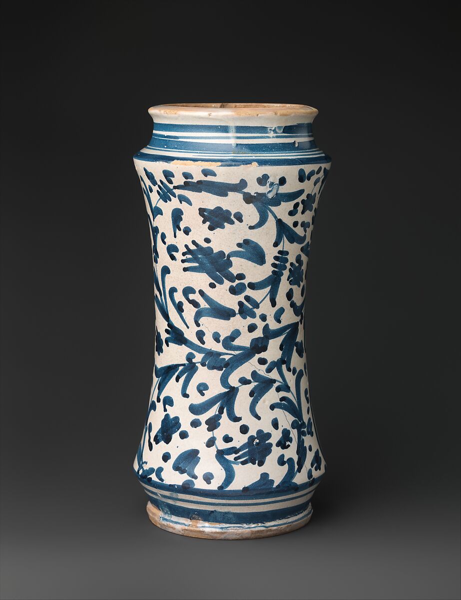 Pharmacy jar (albarello), Maiolica (tin-glazed earthenware), Italian, probably Naples district or Vietri sul Mare