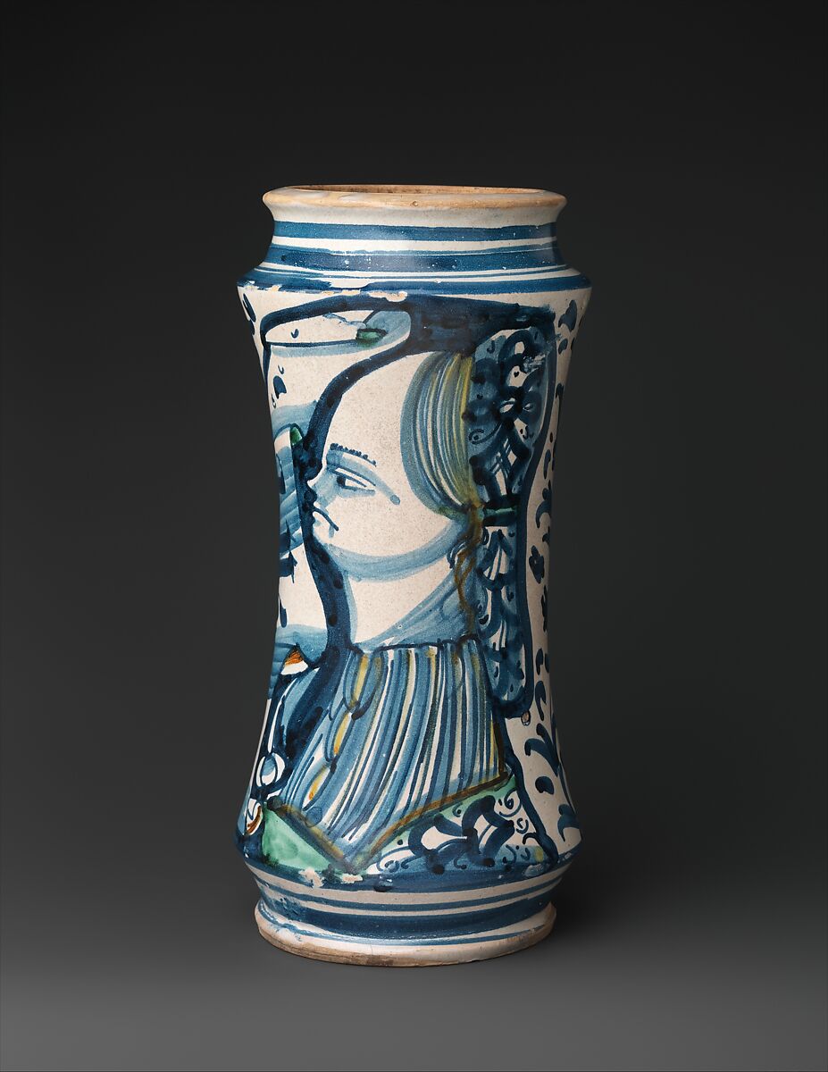 Pharmacy jar (albarello), Maiolica (tin-glazed earthenware), Italian, probably Naples district or Vietri sul Mare 