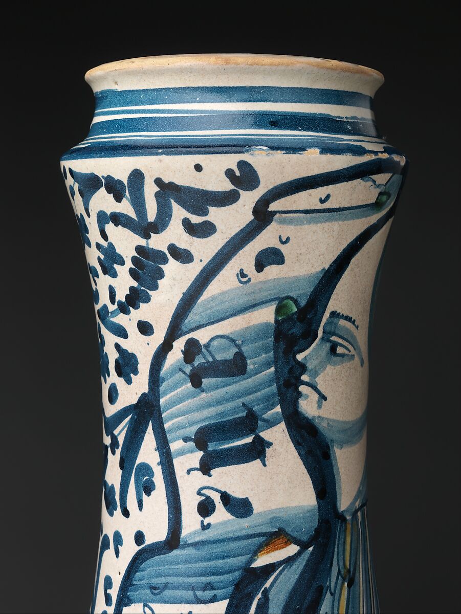 Pharmacy jar (albarello), Maiolica (tin-glazed earthenware), Italian, probably Naples district or Vietri sul Mare