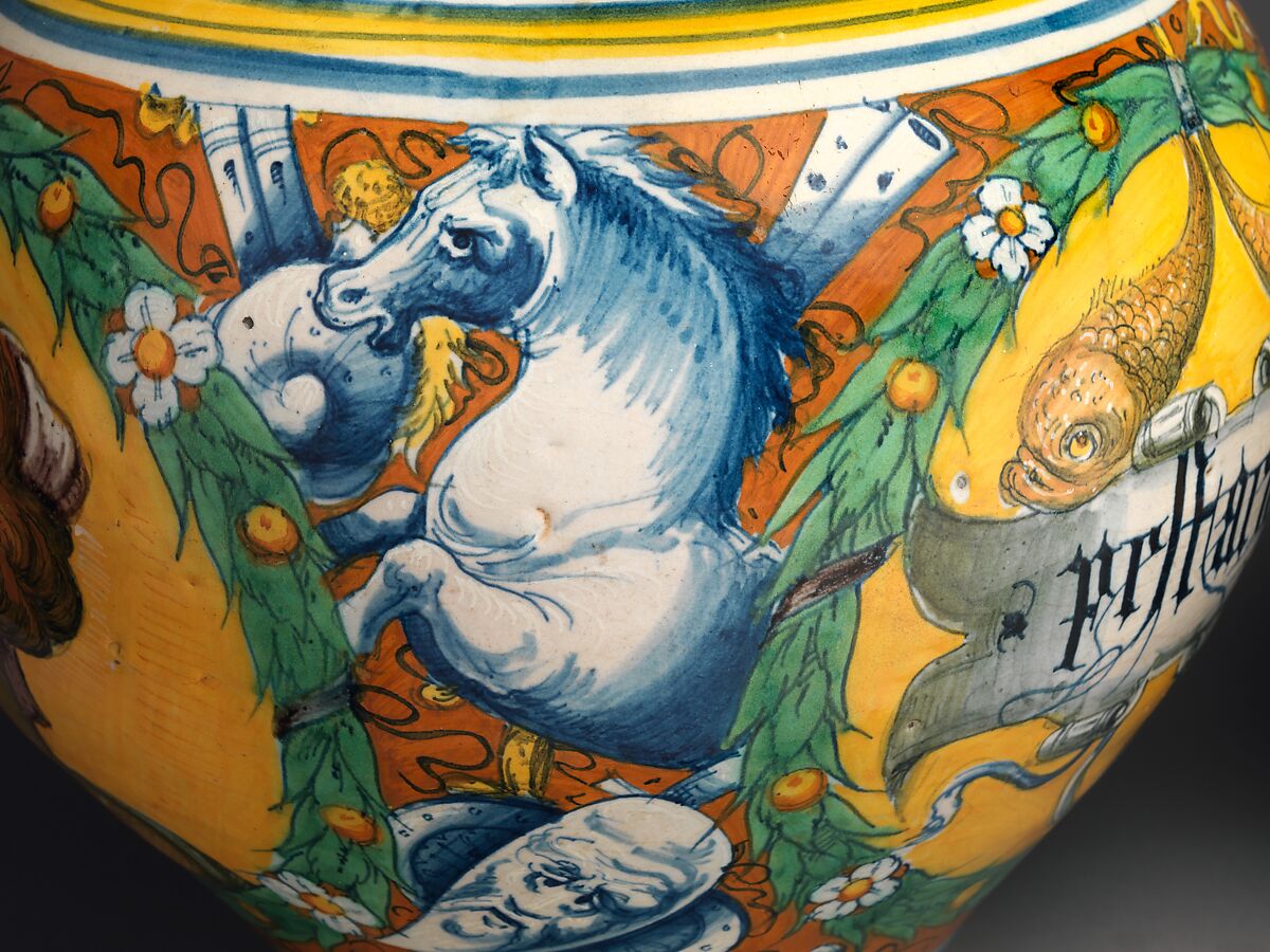 Storage jar (one of a pair), Possibly by Domenico Veneziano (Italian, active by 1438–died 1461 Florence), Maiolica (tin-glazed earthenware), Italian, Venice