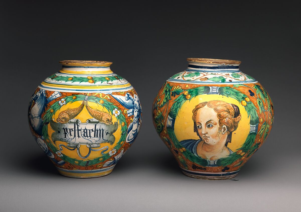 Storage jar (one of a pair), Possibly by Domenico Veneziano (Italian, active by 1438–died 1461 Florence), Maiolica (tin-glazed earthenware), Italian, Venice
