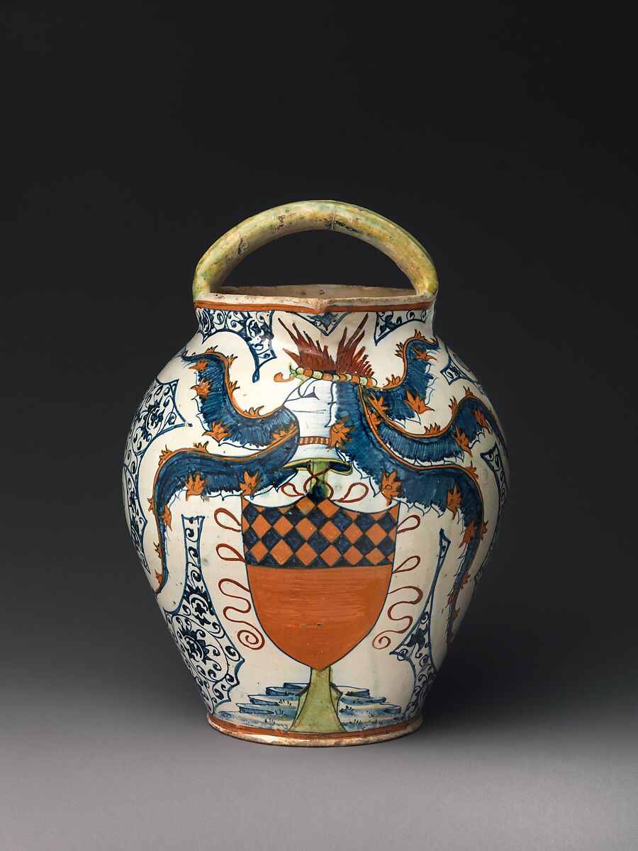 Double-spouted pitcher with arms of the Antinori family, Maiolica (tin-glazed earthenware), Italian, Montelupo 