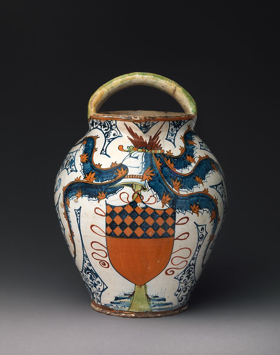 Double-spouted pitcher with arms of the Antinori family, Maiolica (tin-glazed earthenware), Italian, Montelupo
