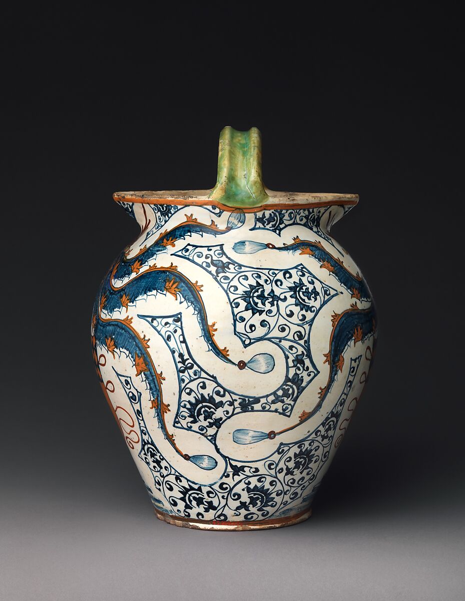 Double-spouted pitcher with arms of the Antinori family, Maiolica (tin-glazed earthenware), Italian, Montelupo