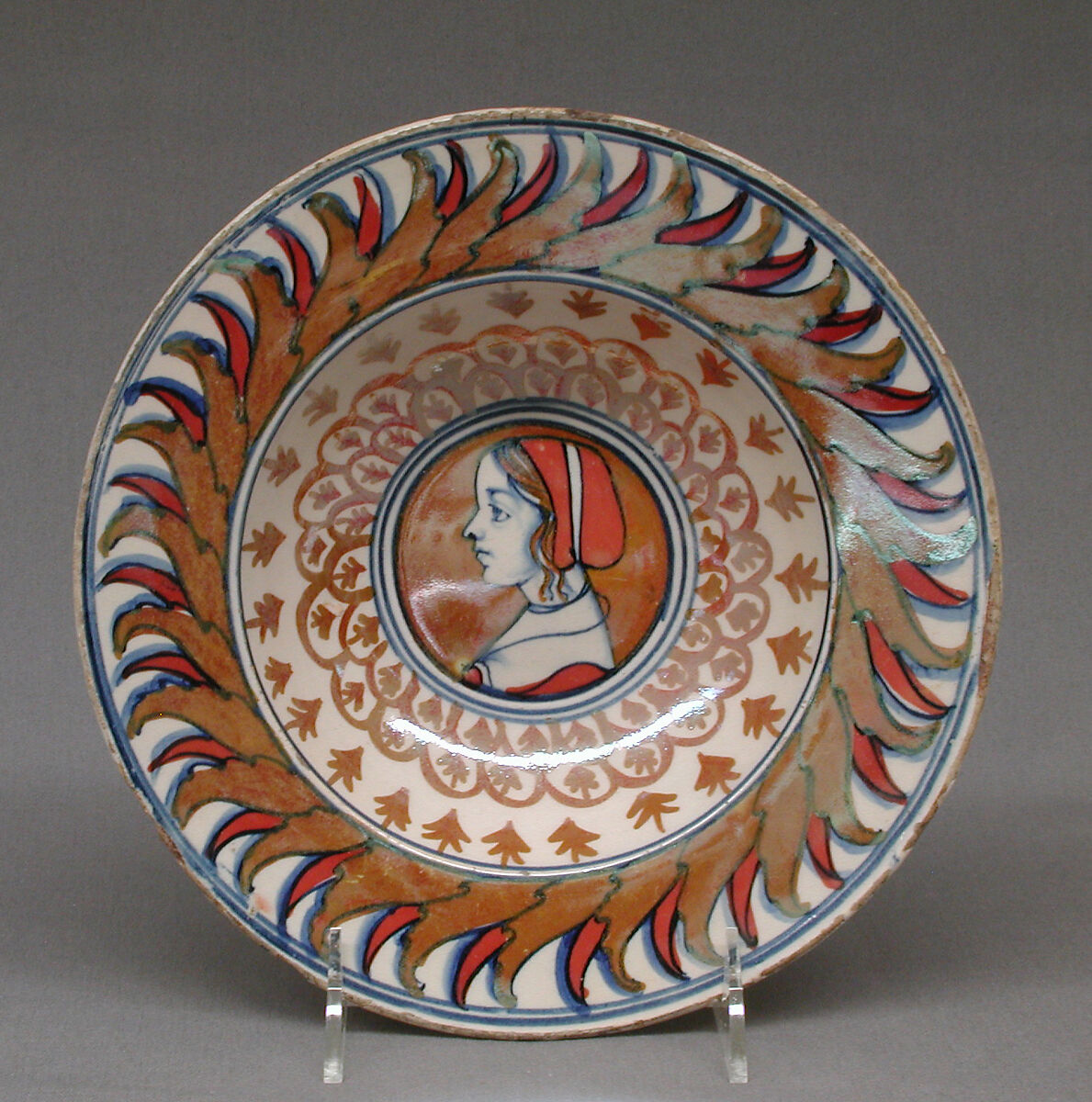 Dish with portrait of a girl, Maiolica (tin-glazed earthenware), lustered, Italian, Gubbio 