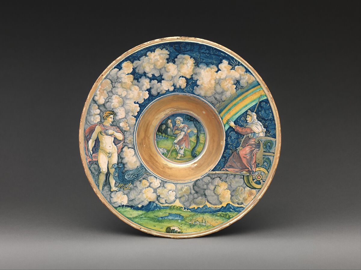 Wide-rimmed bowl with figures from Virgil's Aeneid, Workshop of Maestro Giorgio Andreoli (Italian (Gubbio), active first half of 16th century), Maiolica (tin-glazed earthenware), lustered, Italian, Gubbio 